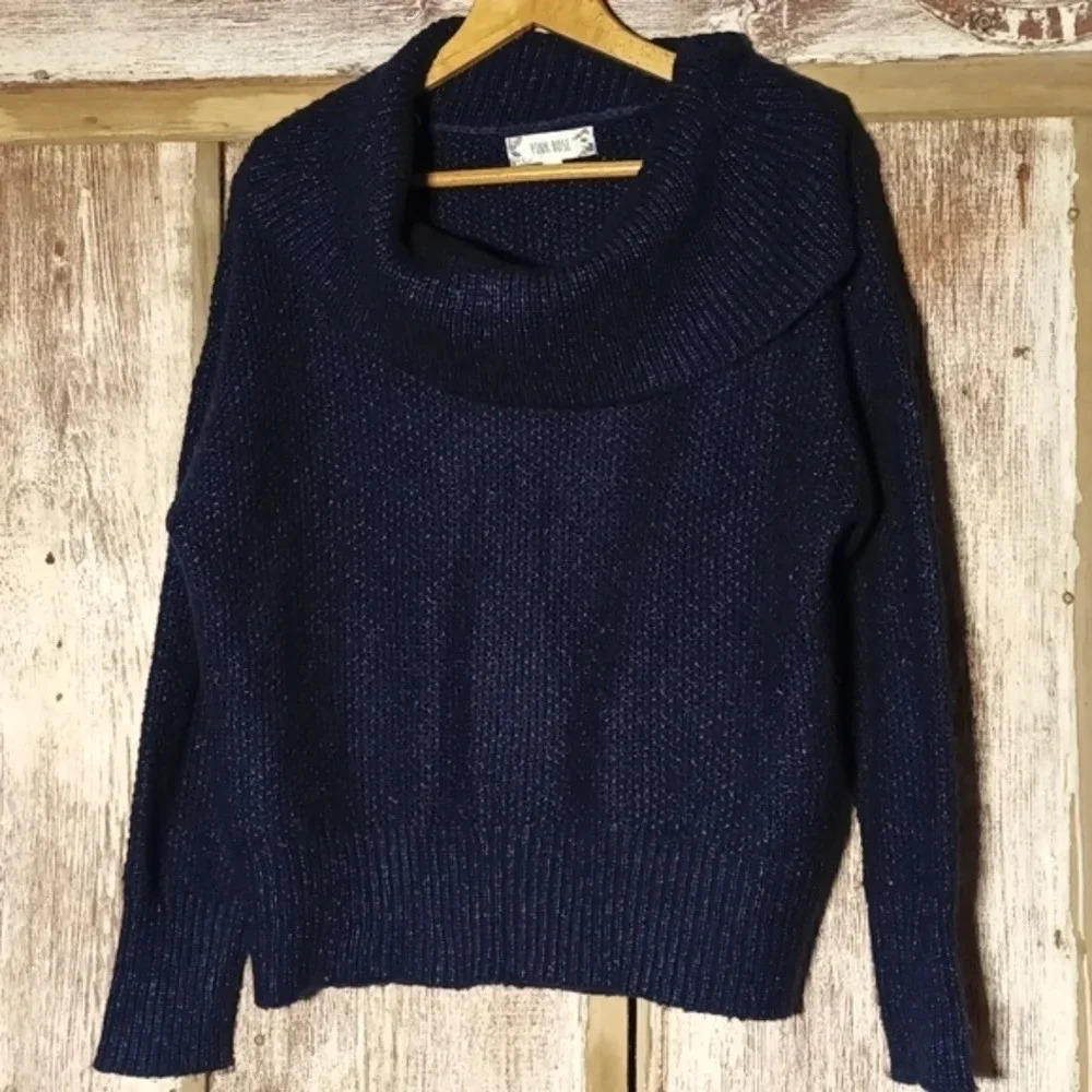 Pink Rose navy blue sweater with white specs cowl neck sz L - Picture 2 of 9